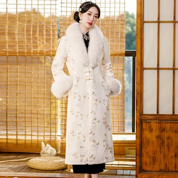 Jesień Zima Biały Chiński Trend Cienki Cheongsam Futro Kołnierz Moda Azjatycka Vintage Szlafrok Cheongsam Z Długim Rękawem Sukienka Банкетное