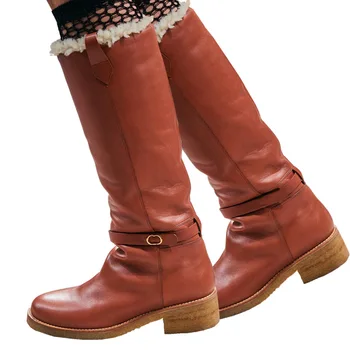 Nowość Zimy 2021 roku; Wełniane buty na niskim obcasie z Okrągłym czubkiem; Damskie Buty do Kolan z Długimi rękawami; Ciepłe Buty Zimowe