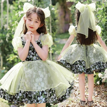 Dziecięce Zielone Sukienki z Kwiatowym Wzorem Dla dziewczyn 2-12 lat, Bujny Garnitur Na Studniówkę, Wieczór Uroczysty Strój 2022, Luksusowe Sukienki, Sukienka Do Komunii, Fotelik Sukienka