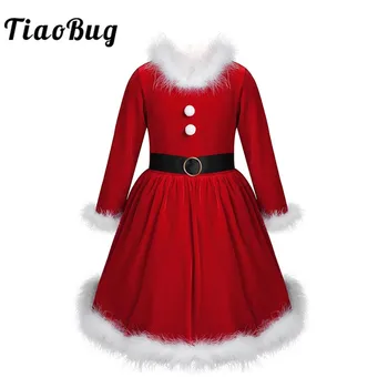 TiaoBug/Świąteczny Strój Świętego Mikołaja Dla Małych Dziewczynek, Czerwona Aksamitna Świąteczne Sukienka Z Długim Rękawem, Eleganckie Sukienka Dla Zimowej Wigilii Dla Dzieci
